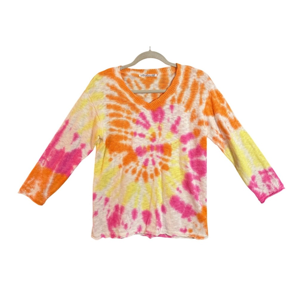 NWT Lulu B Tie Dye V Neck Sweater Orange Pink Yellow Lightweight Cotton XS